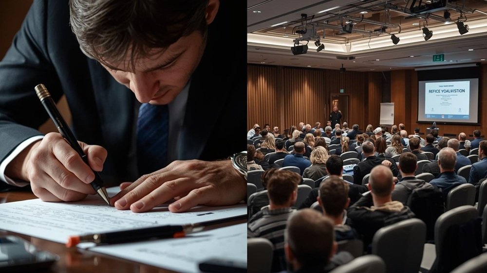A split visual contrast: One side shows intense, hands-on official training and examination for a prestigious certification; the other side shows a simpler, rapid, large-group seminar, representing varying certification rigor.