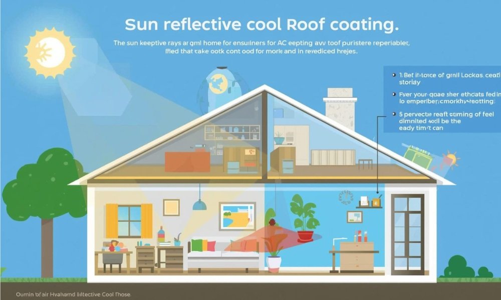 An infographic showing a cross-section of a house with a reflective cool roof coating, illustrating how sun rays are bounced away, keeping the interior cool and reducing AC usage in Florida.