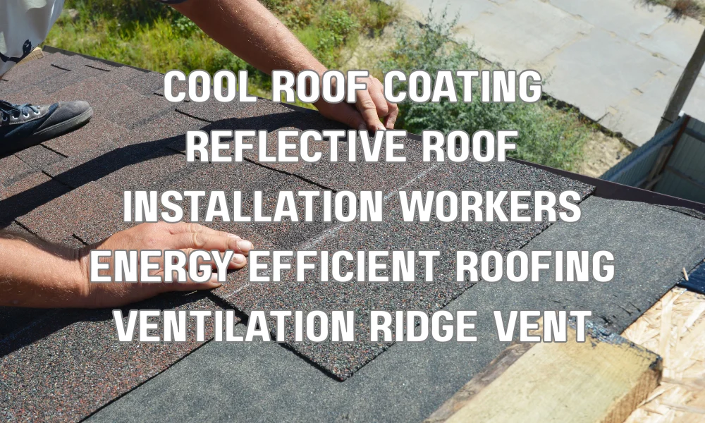 Workers applying reflective cool roof coating with ridge ventilation system for energy efficiency and durability
