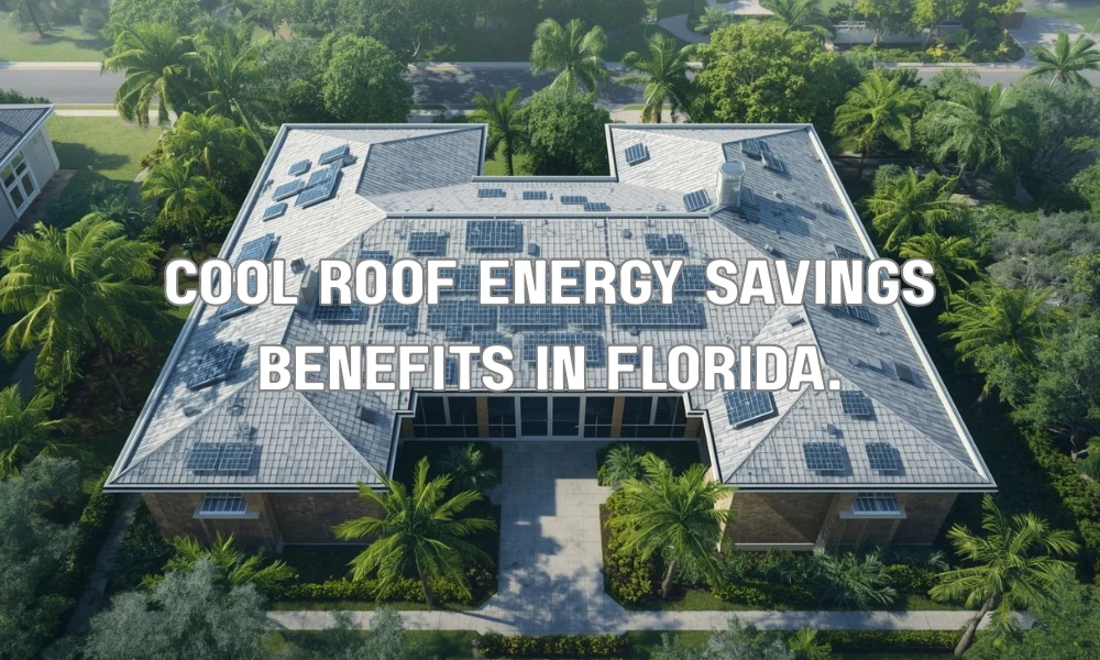 Infographic showing a white reflective cool roof on a Florida home, illustrating reduced AC costs, improved indoor comfort, and environmental protection.