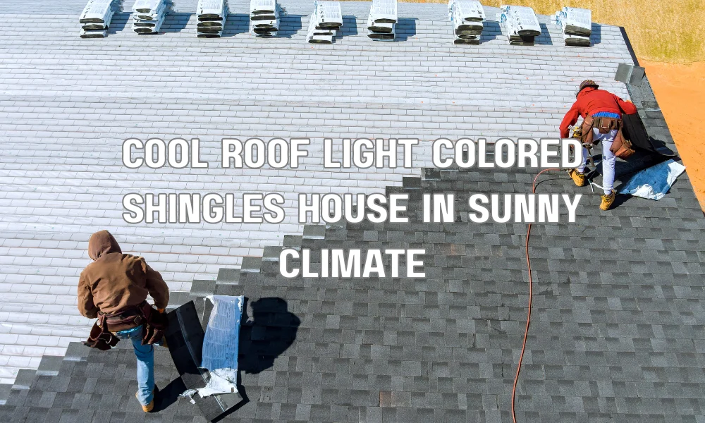 Light-colored cool roof shingles on a house designed to reflect sunlight and reduce heat and energy consumption in warm climates like Florida