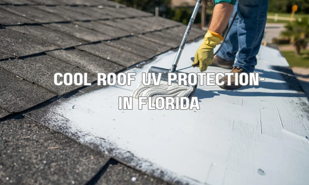 Close-up of a white reflective cool roof coating being applied to a residential roof to prevent thermal cracking and UV degradation.