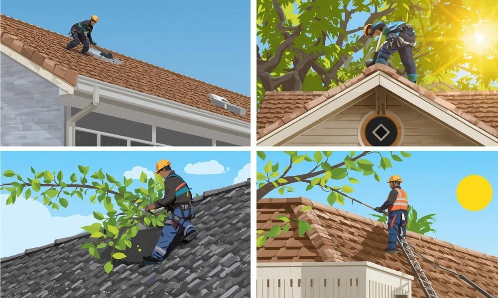 A detailed infographic illustration showing four key roof maintenance steps for Coral Springs, Florida, including gutter cleaning, debris removal, trimming overhanging branches, and scheduling a professional inspection under bright sun.