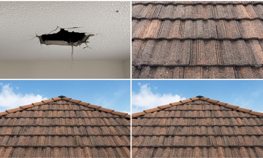 A comparison visual graphic illustrating four urgent warning signs that require immediate professional roof repair in a Coral Springs, Florida home: a ceiling leak, a cracked tile, granular loss, and sagging.