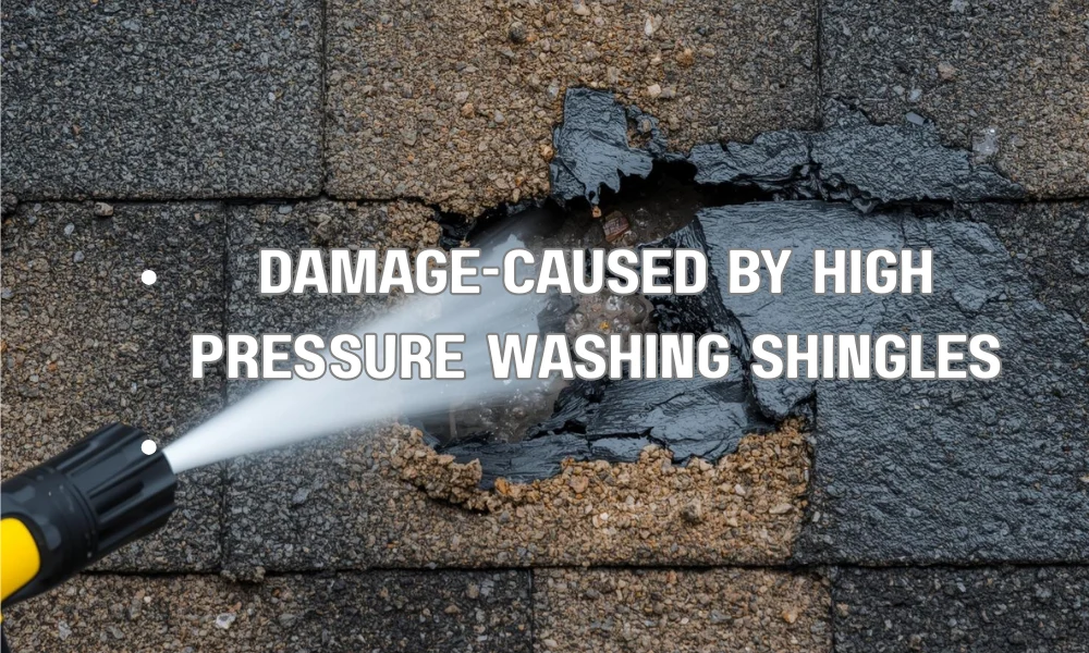 A close-up photograph showing the damage caused by a high-pressure washer on asphalt shingles, with dislodged granules, exposed black asphalt asphalt, and fraying edges clearly visible.