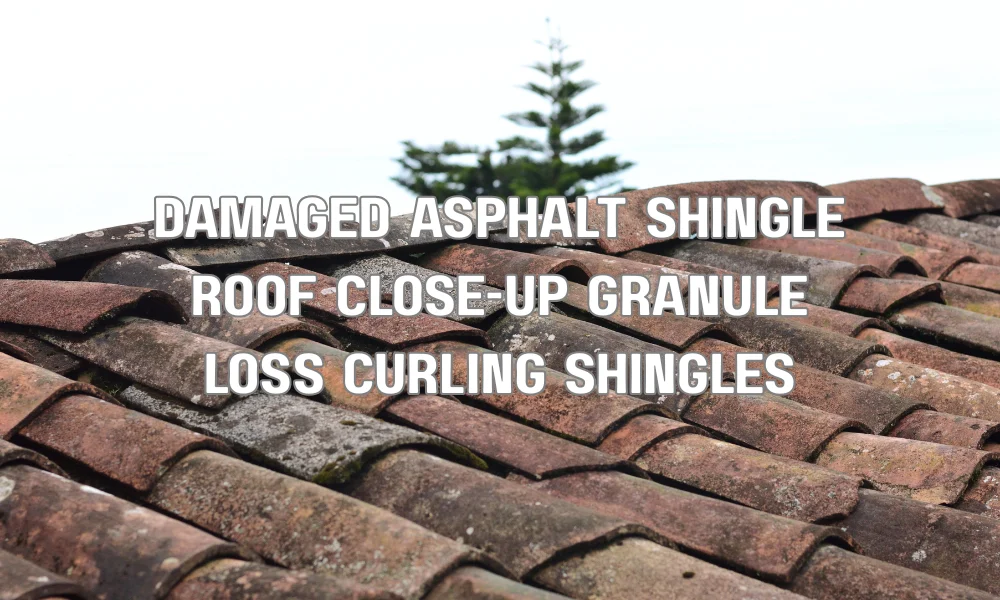 Close-up of damaged asphalt roof shingles showing granule loss, curling edges, and deterioration indicating need for roof replacement