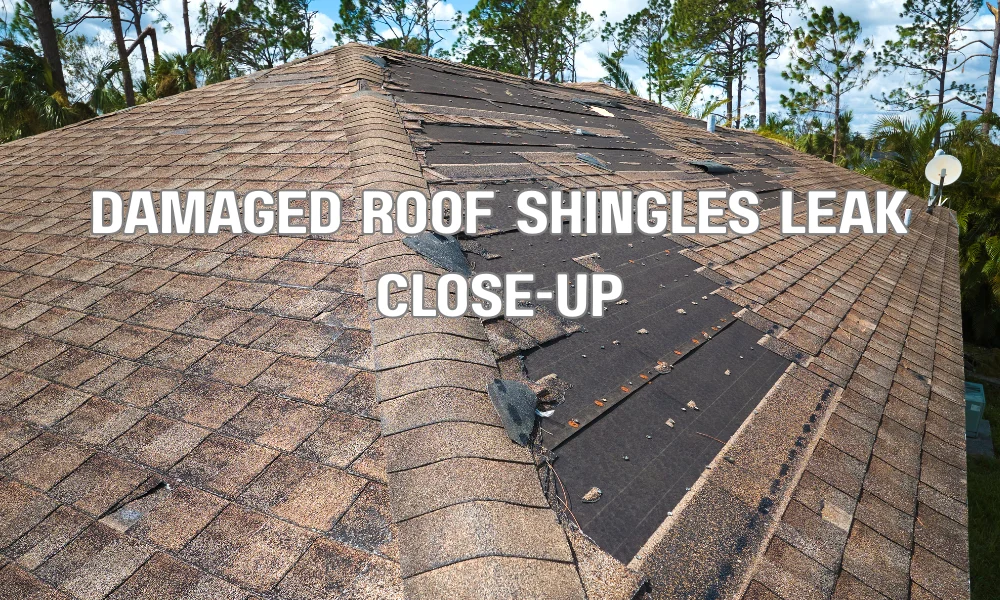 Close-up of damaged roof shingles that can cause rainwater leaks due to wear and poor maintenance