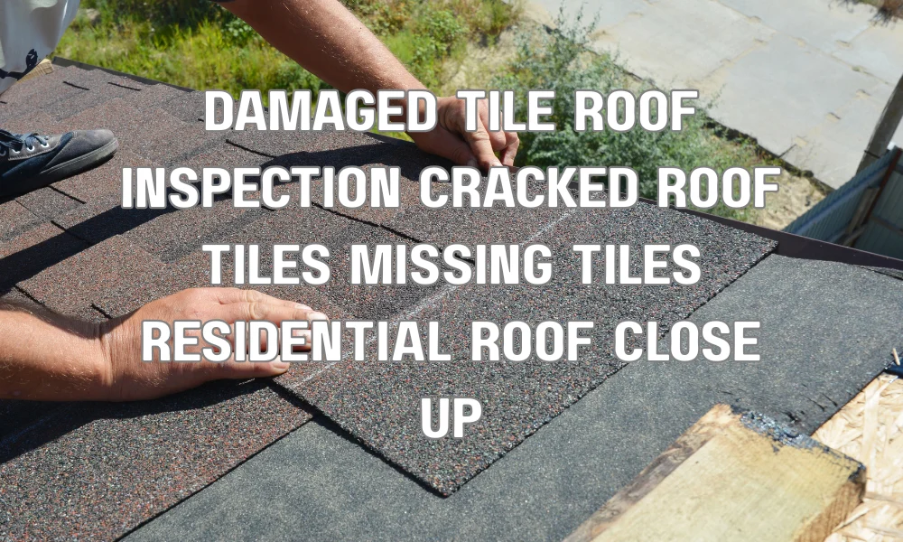 Close-up of damaged tile roof showing cracked and missing tiles during inspection