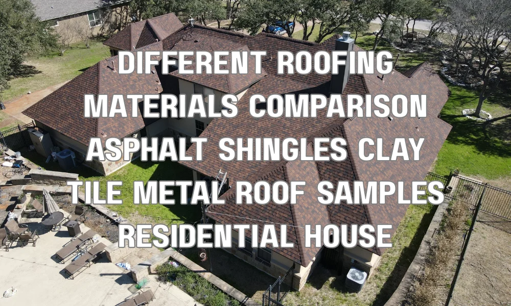 Comparison of roofing materials including asphalt shingles, clay tiles, and metal roofing on residential homes