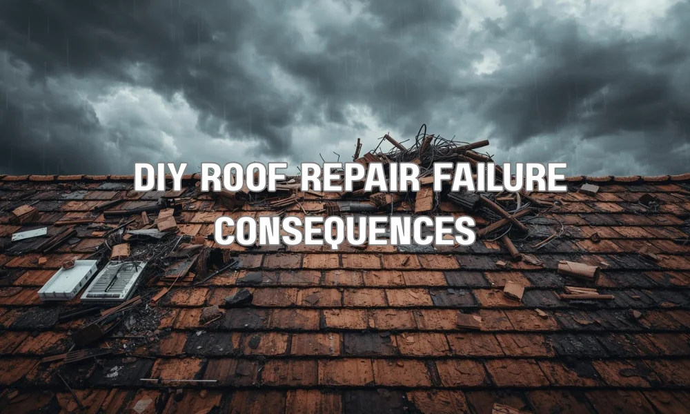 A stylized infographic illustrating the negative consequences of improper DIY roof repairs. The central image is a homeowner looking stressed on a leaky, patched roof, surrounded by four infographic panels showing: 1) A document with "WARRANTY VOID" and a red "X"; 2) An interior ceiling with water stains and a bucket; 3) Rotted wood and mold under a lifting shingle; 4) A hand reaching toward a stack of bills labeled "LIABILITY."