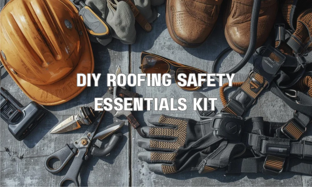 An illustration of essential safety gear and tools for DIY roofing, including non-slip boots, gloves, safety glasses, a harness, a utility knife, a caulk gun, roofing cement, and a ladder extending well above a roofline with a spotter at the base.