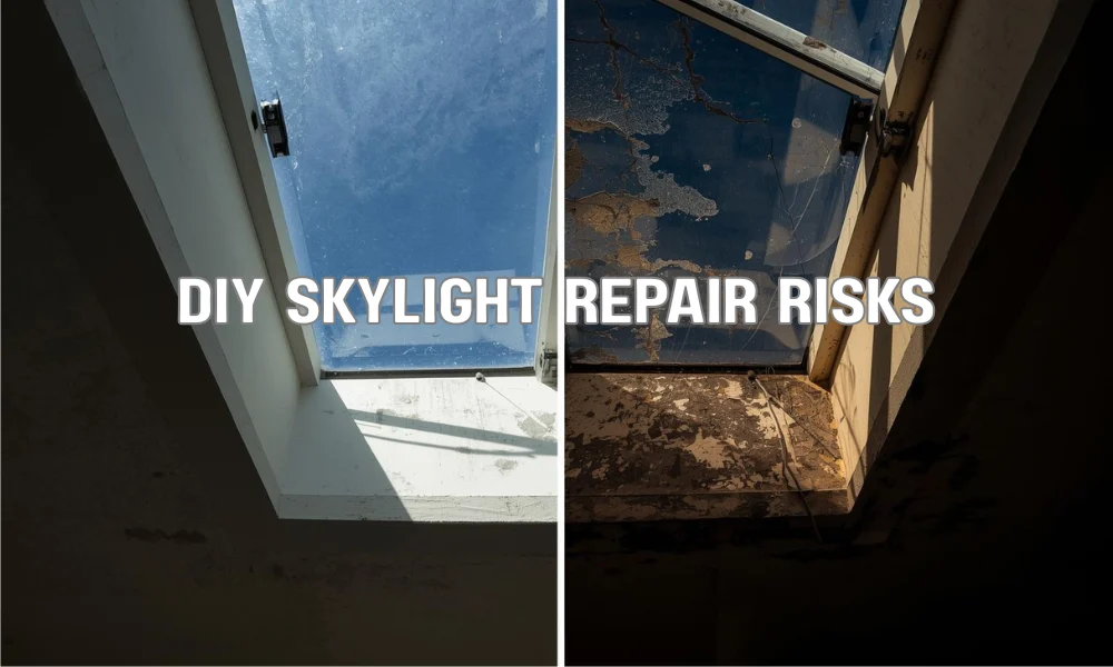 A detailed visual illustrating the complex components of a skylight system, highlighting the proper flashing installation and contrasting a simple DIY fix with professional work.