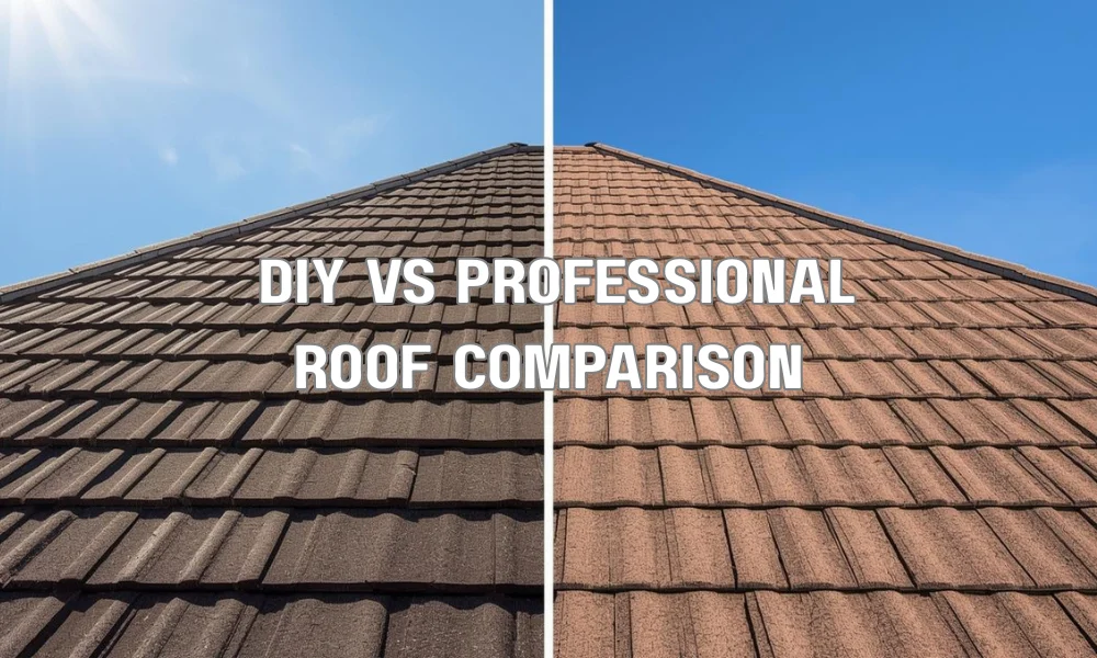 A stylized infographic illustrating the "true cost" of DIY vs. professional roof repair over time. The "DIY" path shows low initial material cost, then rising bars for "Tool Rental," "Material Mistakes," and "Re-repair Cost." The "Professional" path shows a higher initial cost but a flat, horizontal line for "Long-Term Value" and "Warranty Protection," indicating minimal additional expenses.