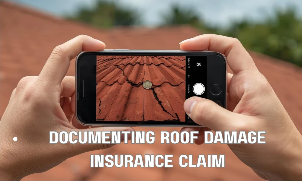 A close-up of a hand holding a smartphone to take a date-stamped photo of a roof tile crack, using a coin for scale, with a Florida residential background.