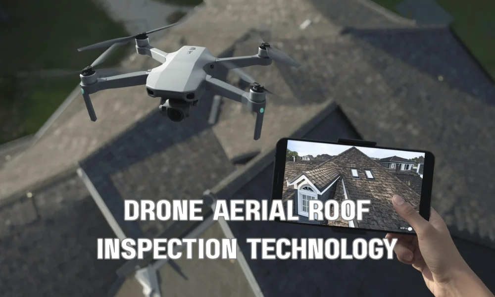 A drone flying above a residential roof with a complex design, capturing high-resolution imagery. A screen in the foreground shows the drone’s live view, highlighting details of a roof valley and dormer.