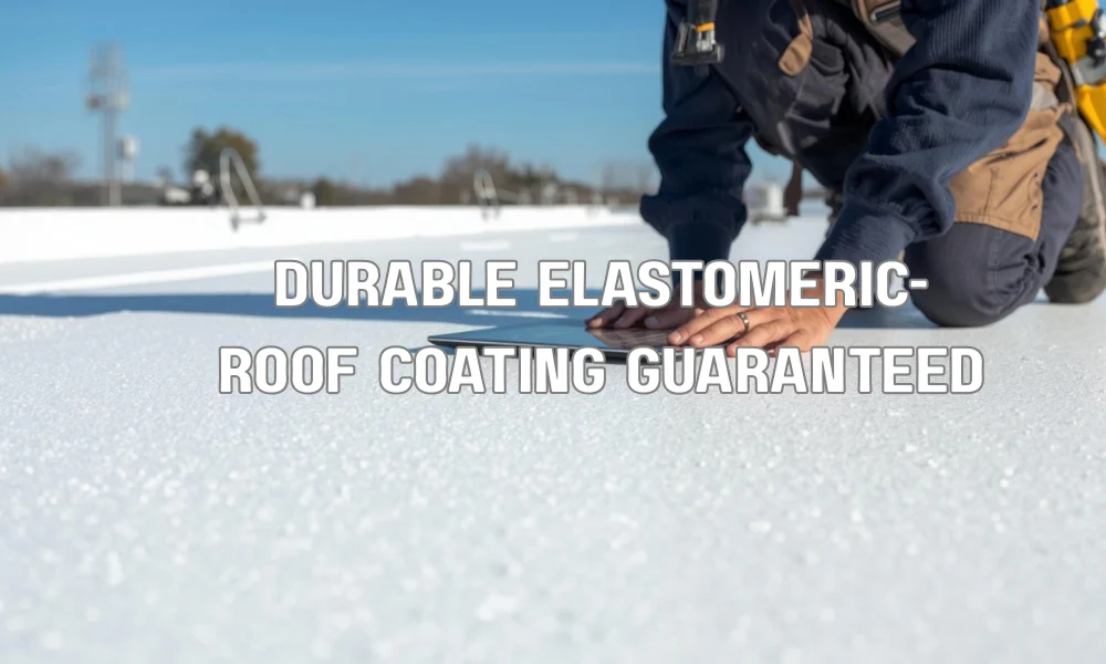 A commercial roofer inspecting the clean, bright white surface of a well-maintained, ten-year-old elastomeric roof coating, emphasizing durability.