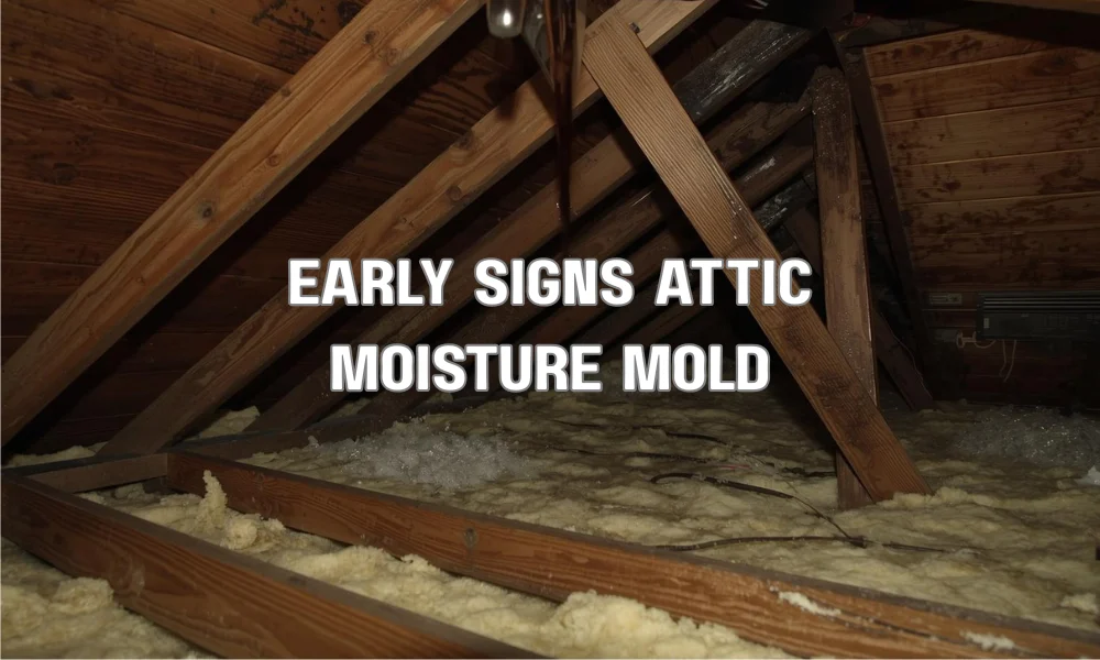 A detailed close-up shot inside a poorly lit residential attic, showing early water stains on wooden rafters, slightly damp insulation, and a patch of dark mold growth in a corner near a roof vent.
