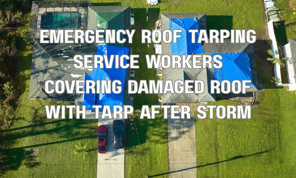 Roofing contractors installing emergency tarp on a storm-damaged roof in Florida
