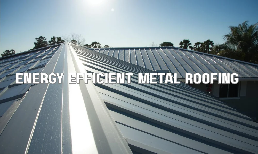 A sleek, modern metal roof on a Florida home reflecting bright sunlight, illustrating energy efficiency and durability in a coastal environment.