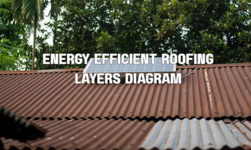A cross-section diagram of an energy-efficient roof showing reflective shingles, proper attic insulation, and ventilation pathways to prevent heat traps.