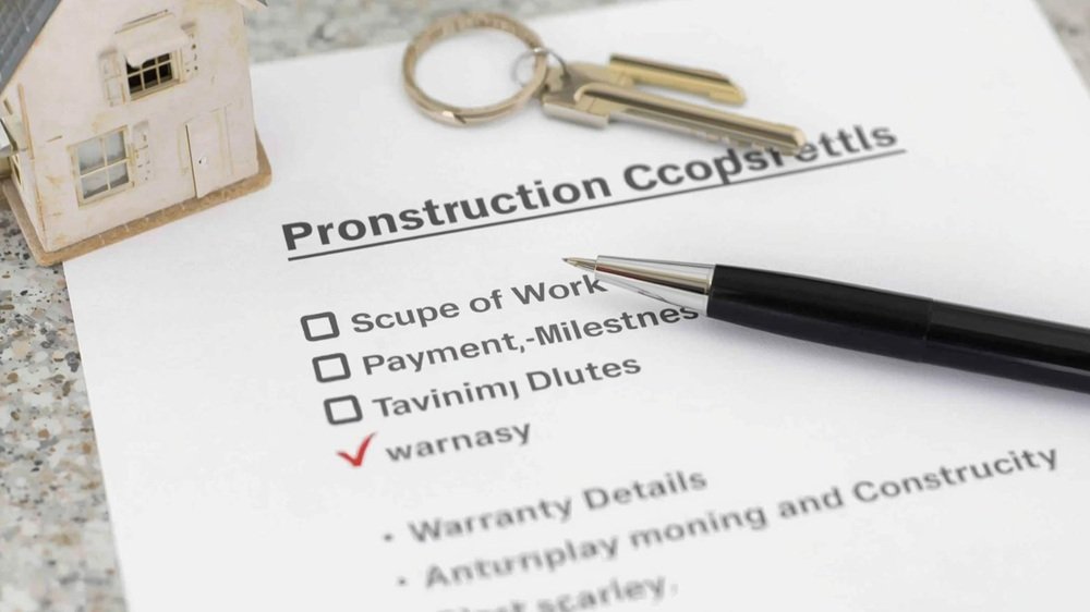 A checklist of protective construction contract clauses including scope of work, payment milestones, and warranty details lying next to a house key and a pen.
