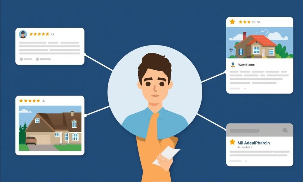 A stylized infographic illustration showing a Weston homeowner evaluating a roofing contractor's reputation by checking online reviews (BBB, Google), viewing a local portfolio of Weston homes, and speaking with a recent local reference.
