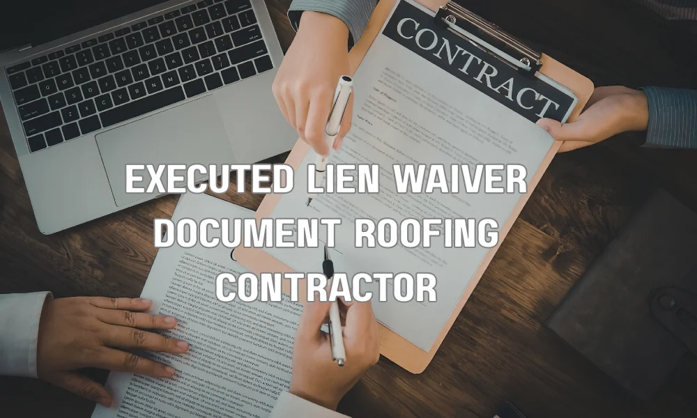 A close-up view of a signed and notarized conditional lien waiver document resting on a wooden desk, next to a general contractor's business card and a final invoice for roofing services.