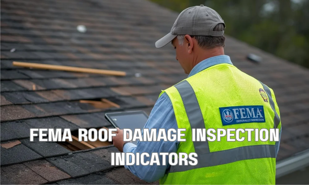 A FEMA inspector in a official vest using a digital tablet to document missing shingles and flashing damage on a Florida home after a hurricane.