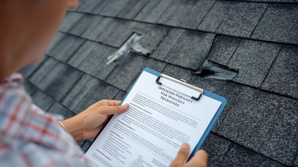 A homeowner takes a close-up photo of storm damage on their asphalt shingle roof, while referencing an official warranty document on their clipboard, beginning the claim filing process.