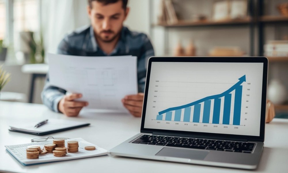 A homeowner in a home office reviews roofing contractor quotes and a budget planner on a laptop displaying a growing savings chart, illustrating financial preparation.