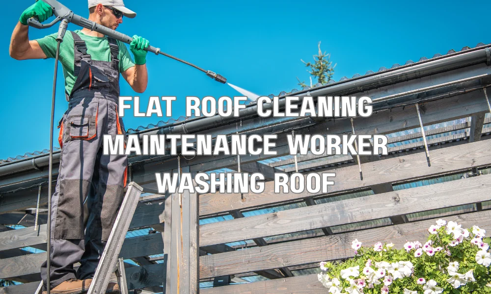 Worker cleaning and maintaining a rubberized asphalt coated flat roof to remove debris and preserve reflective waterproof protection