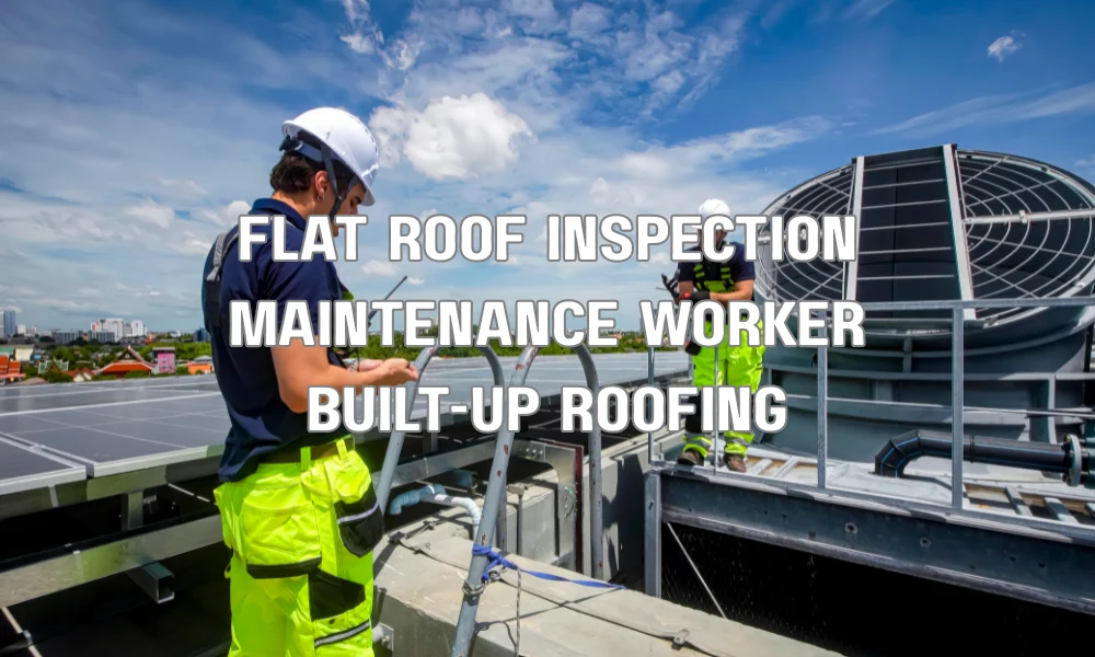 Worker inspecting and maintaining a built-up roofing (BUR) system on a flat roof to prevent damage and extend roof lifespan