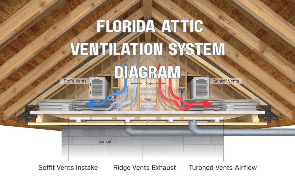 A detailed cross-section diagram of a Florida home's attic, illustrating a balanced ventilation system with clear labels for soffit vents (intake), ridge vents (exhaust), gable vents, turbine vents, and power vents. Blue and red arrows show the optimal airflow.