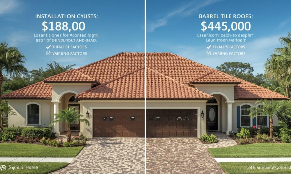 A sophisticated graphic visualization contrasting two typical Florida homes with barrel tile roofs, illustrating the range of installation costs from $18,000 to $45,000 based on varying factors.