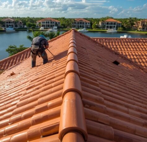 A majestic, slightly elevated architectural photograph capturing a stunning high-end coastal home in Florida with a gleaming, recently installed terracotta barrel tile roof. A skilled, harnessed craftsman is carefully placing the final ridge tiles. The intricate texture of the tiles contrasts against the background of palm trees, luxury properties, and a clear blue sky under bright sunlight, illustrating the cost guide topic.