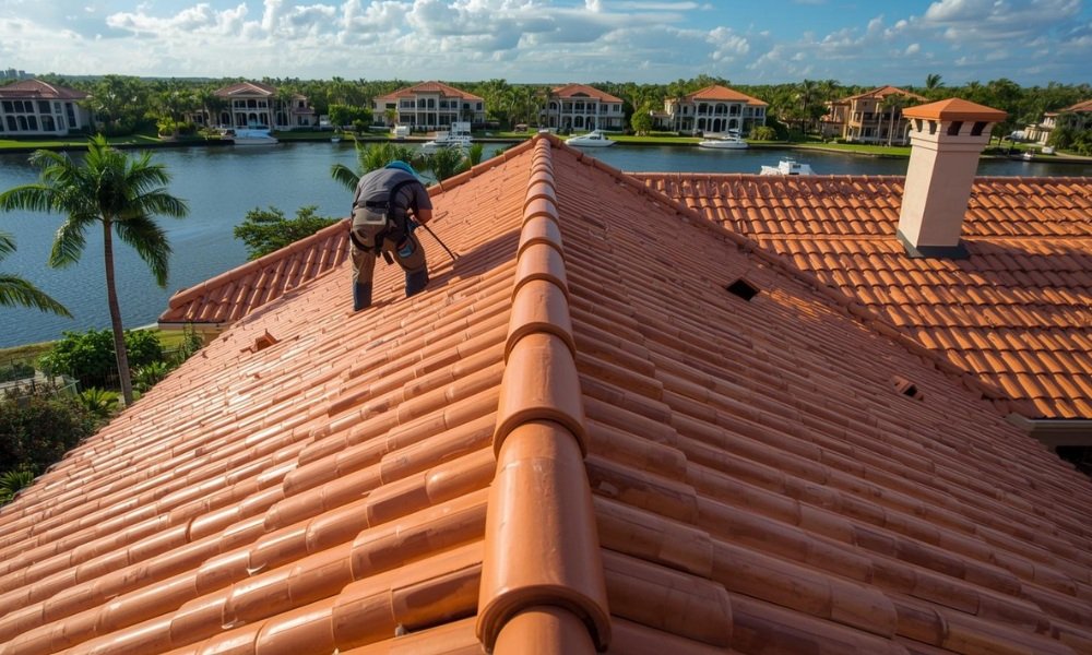 A majestic, slightly elevated architectural photograph capturing a stunning high-end coastal home in Florida with a gleaming, recently installed terracotta barrel tile roof. A skilled, harnessed craftsman is carefully placing the final ridge tiles. The intricate texture of the tiles contrasts against the background of palm trees, luxury properties, and a clear blue sky under bright sunlight, illustrating the cost guide topic.