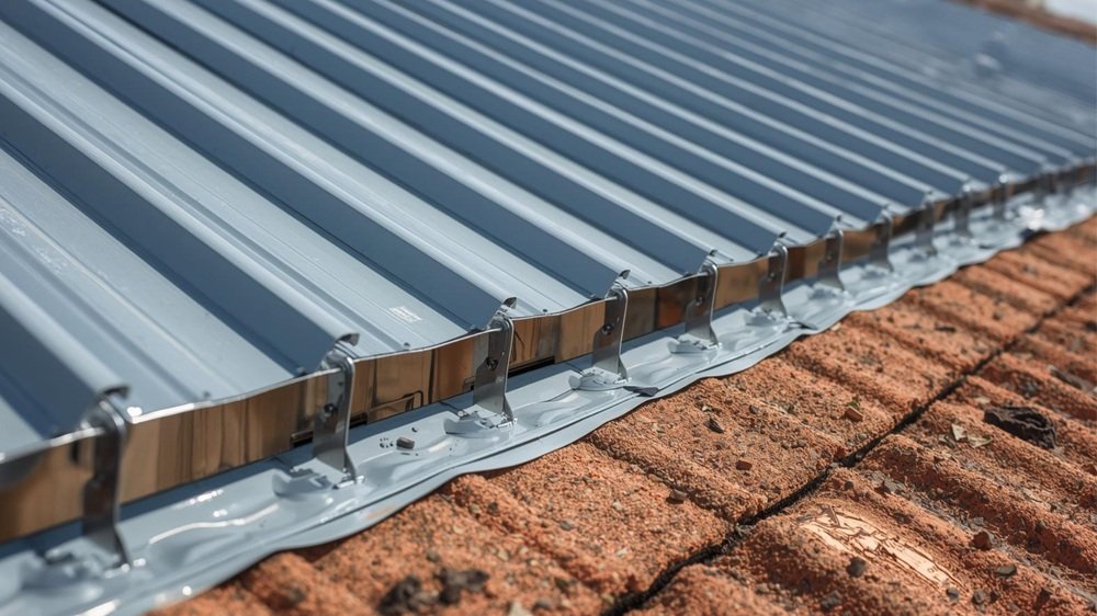 A close-up photograph showing the precise, code-compliant installation of metal roof clips and a secondary water barrier on a new construction roof in Florida, adhering to strict wind mitigation standards.