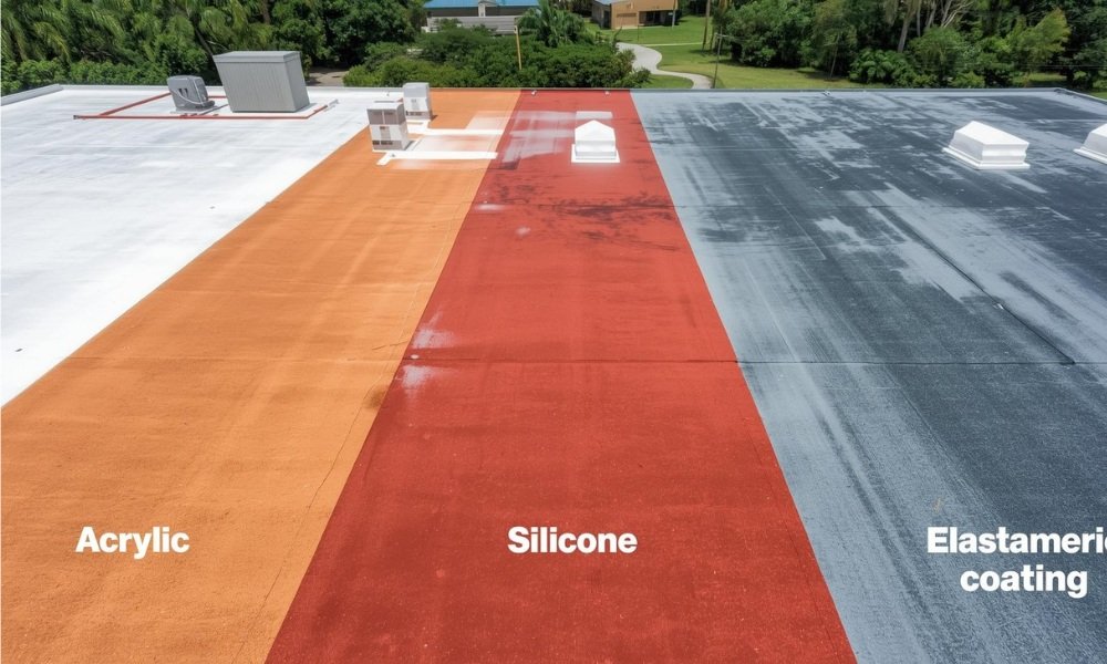 A visually appealing comparison of different roof coating types applied to a flat commercial roof in Florida, showing sections of acrylic, silicone, and elastomeric coatings, with small labeled containers.