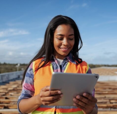A roofing contractor reviews cost estimates on a tablet with a building owner during a commercial roof replacement project in sunny Florida.