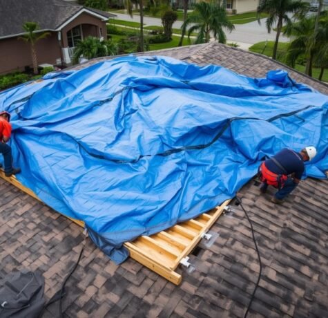 A professional roofing crew rapidly installs a large blue emergency tarpaulin over a storm-damaged section of a Florida residential roof to prevent further water intrusion, illustrating immediate post-storm mitigation.