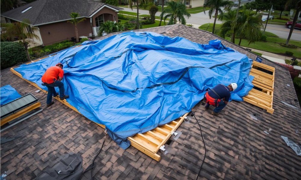 A professional roofing crew rapidly installs a large blue emergency tarpaulin over a storm-damaged section of a Florida residential roof to prevent further water intrusion, illustrating immediate post-storm mitigation.