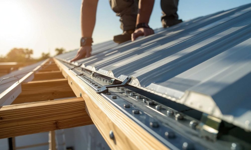A close-up view of a metal roofing installation in a Florida High-Velocity Hurricane Zone (HVHZ), showing a worker securing thick gauge standing-seam panels with heavy-duty clips and screws to a reinforced deck, with a clear focus on the hurricane-resistant fastening system under bright sun.