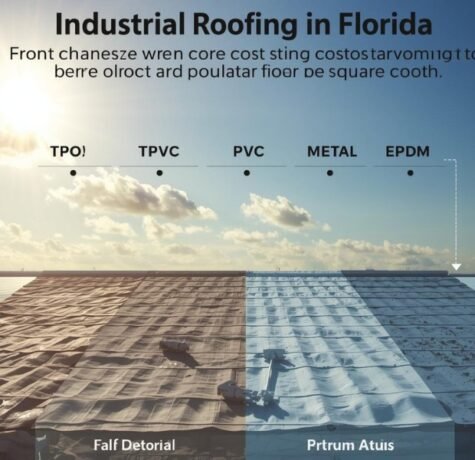A multi-panel visualization infographic breaking down the core cost components of industrial roofing per square foot in Florida, contrasting different material options (TPO, PVC, Metal, EPDM), varying labor and installation complexities, and unique environmental and regulatory factors (HVHZ, UV/Heat, Codes) under bright sun.
