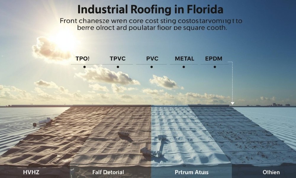 A multi-panel visualization infographic breaking down the core cost components of industrial roofing per square foot in Florida, contrasting different material options (TPO, PVC, Metal, EPDM), varying labor and installation complexities, and unique environmental and regulatory factors (HVHZ, UV/Heat, Codes) under bright sun.
