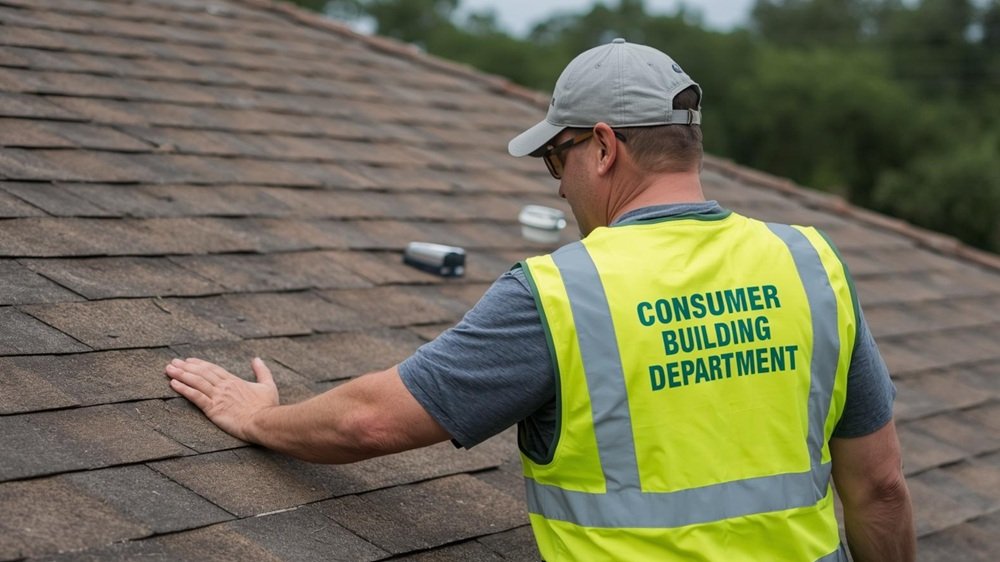 A local building department official in a high-visibility vest inspecting a residential roof in Florida, symbolizing compliance with local codes and consumer protection.