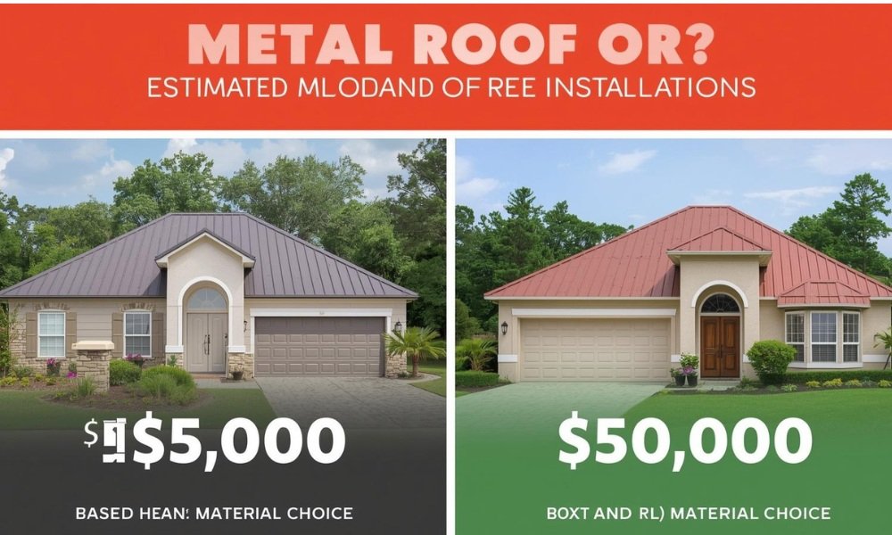 A comparison visual graphic illustrating two typical Florida homes with different metal roof installations, contrasting the estimated cost range from $15,000 to $50,000 based on square footage and material choice.