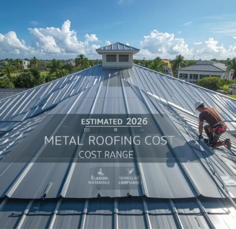 A majestic, slightly elevated architectural photograph capturing a stunning high-end coastal home in Florida with a gleaming, recently installed standing-seam metal roof in reflective silver-gray. A skilled, harnessed craftsman is carefully aligning a final panel section. The visual is overlaid with a sleek, semi-transparent digital graphical interface showing a timeline leading to "ESTIMATED 2026 METAL ROOFING COST RANGE," with currency symbols and factor icons (Labor, Materials, Hurricane-Compliance), contrasting with a background of palm trees, other luxury properties, and a clear blue sky under bright sunlight, illustrating the cost guide topic.