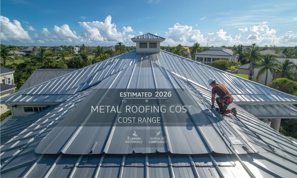 A majestic, slightly elevated architectural photograph capturing a stunning high-end coastal home in Florida with a gleaming, recently installed standing-seam metal roof in reflective silver-gray. A skilled, harnessed craftsman is carefully aligning a final panel section. The visual is overlaid with a sleek, semi-transparent digital graphical interface showing a timeline leading to "ESTIMATED 2026 METAL ROOFING COST RANGE," with currency symbols and factor icons (Labor, Materials, Hurricane-Compliance), contrasting with a background of palm trees, other luxury properties, and a clear blue sky under bright sunlight, illustrating the cost guide topic.