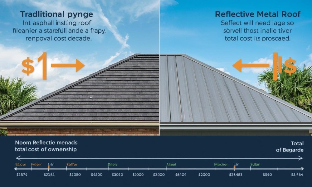 A visually striking graphic comparing a traditional asphalt shingle roof section and a modern reflective metal roof section on a Florida home. Arrows, dollar signs, and a timeline graphic illustrate the difference in lifespan, energy savings, and total cost of ownership over decades.