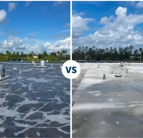 A split visual comparison of roof coating application and a full roof replacement on a commercial property in Florida, highlighting the differences in process and material intensity which influence the cost comparison.
